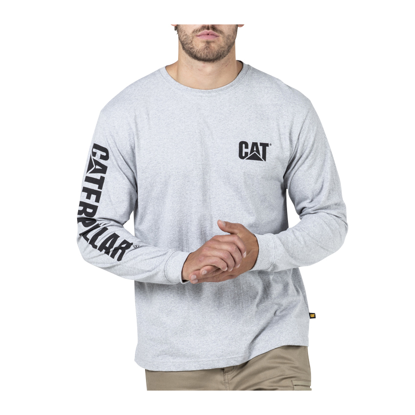 Caterpillar Trademark Banner L/S - Mens T-Shirts - Grey - NZ (542JZYTMQ)